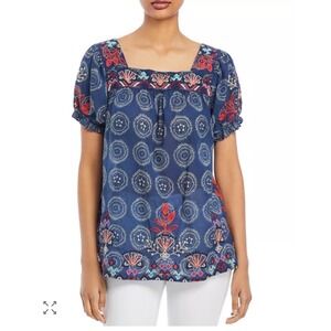 Johnny Was Workshop Maureen Navy Embroidered Square Neck Peasant Top XS Boho